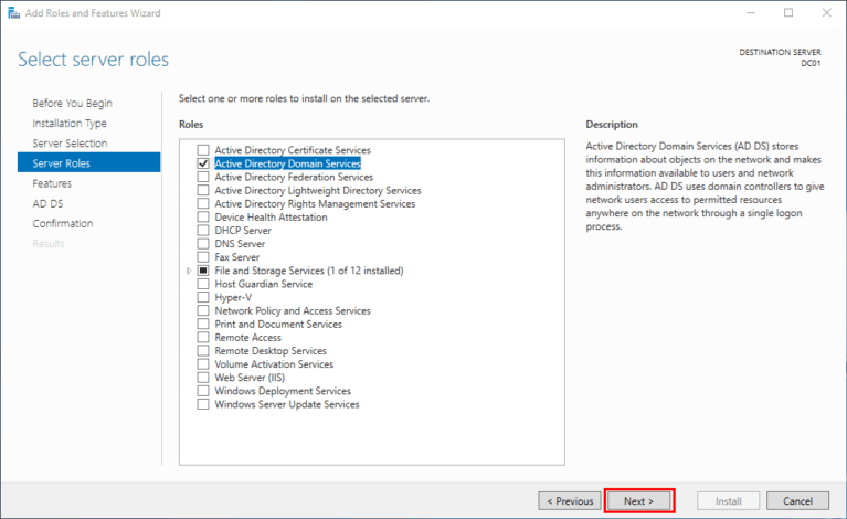 How-to: Install Active Directory Domain Services (AD DS) with a New Forest | GUI 11 How-to: Install Active Directory Domain Services (AD DS) with a New Forest | GUI | Add Features Next