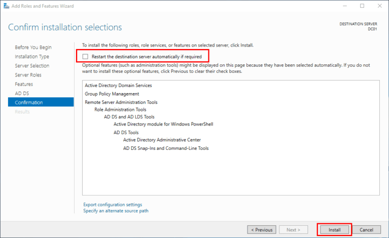 How-to: Install Active Directory Domain Services (AD DS) with a New Forest | GUI 14 How-to: Install Active Directory Domain Services (AD DS) with a New Forest | GUI | Installation Confirmation