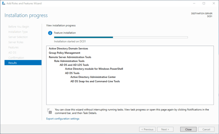 How-to: Install Active Directory Domain Services (AD DS) with a New Forest | GUI 24 How-to: Install Active Directory Domain Services (AD DS) with a New Forest | GUI | Installation Progress