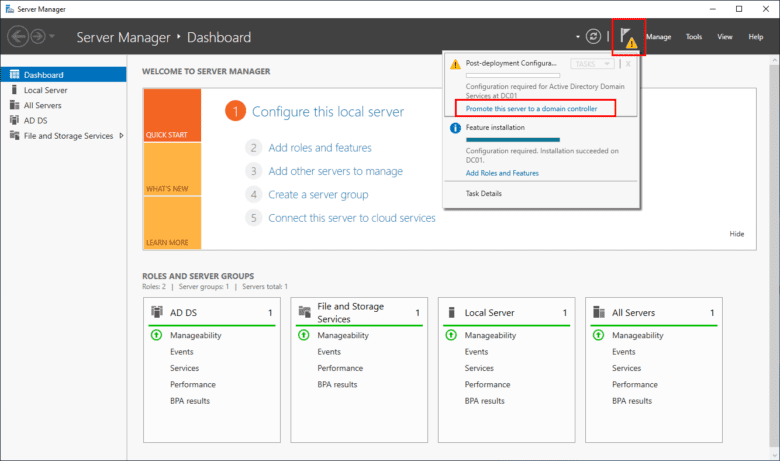 How-to: Install Active Directory Domain Services (AD DS) with a New Forest | GUI 16 How-to: Install Active Directory Domain Services (AD DS) with a New Forest | GUI | Promote the Server to a Domain Controller