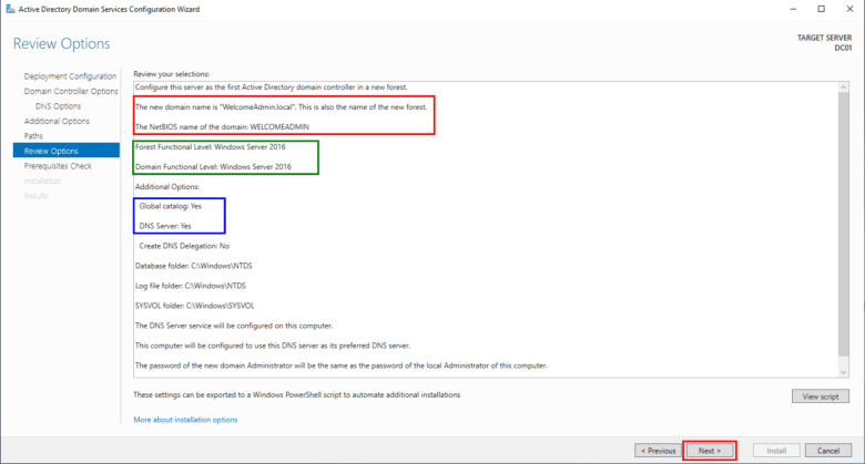 How-to: Install Active Directory Domain Services (AD DS) with a New Forest | GUI 22 How-to: Install Active Directory Domain Services (AD DS) with a New Forest | GUI | Review Option